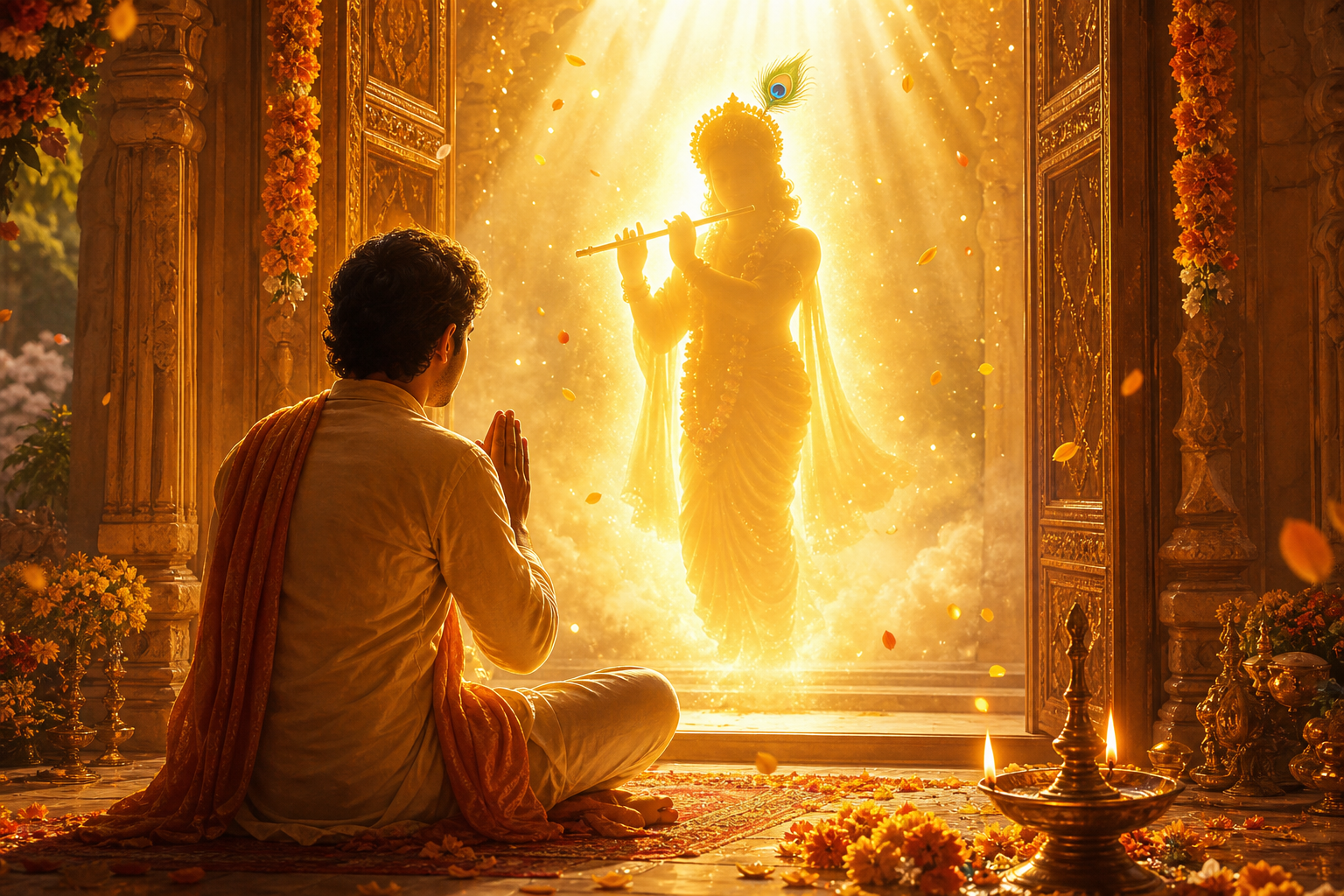 Devotee in deep prayer receiving divine darshan in a temple sanctum